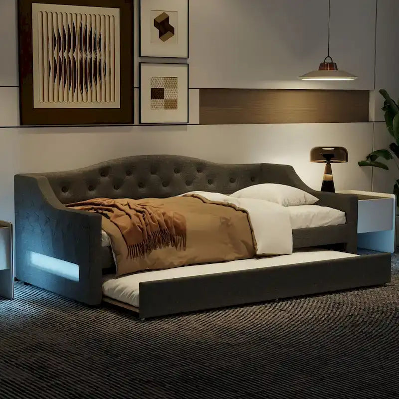 Lit de repos rembourré Twin XL avec bande LED et lit gigogne, gris