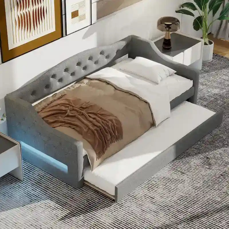Lit de repos rembourré Twin XL avec bande LED et lit gigogne, gris