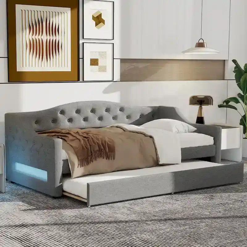 Lit de repos rembourré Twin XL avec bande LED et lit gigogne, gris