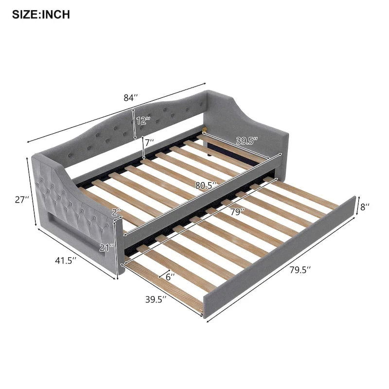 Lit de repos rembourré Twin XL avec bande LED et lit gigogne, gris