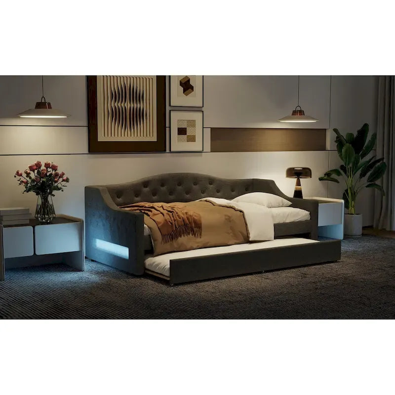 Lit de repos rembourré Twin XL avec bande LED et lit gigogne, gris
