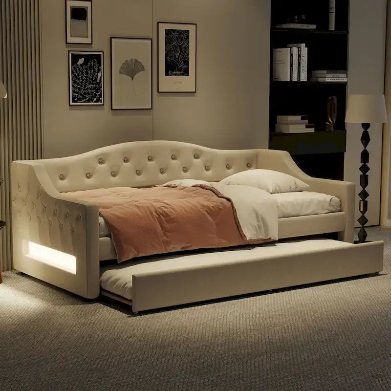 Lit de repos rembourré Twin XL avec bande LED et lit gigogne, gris