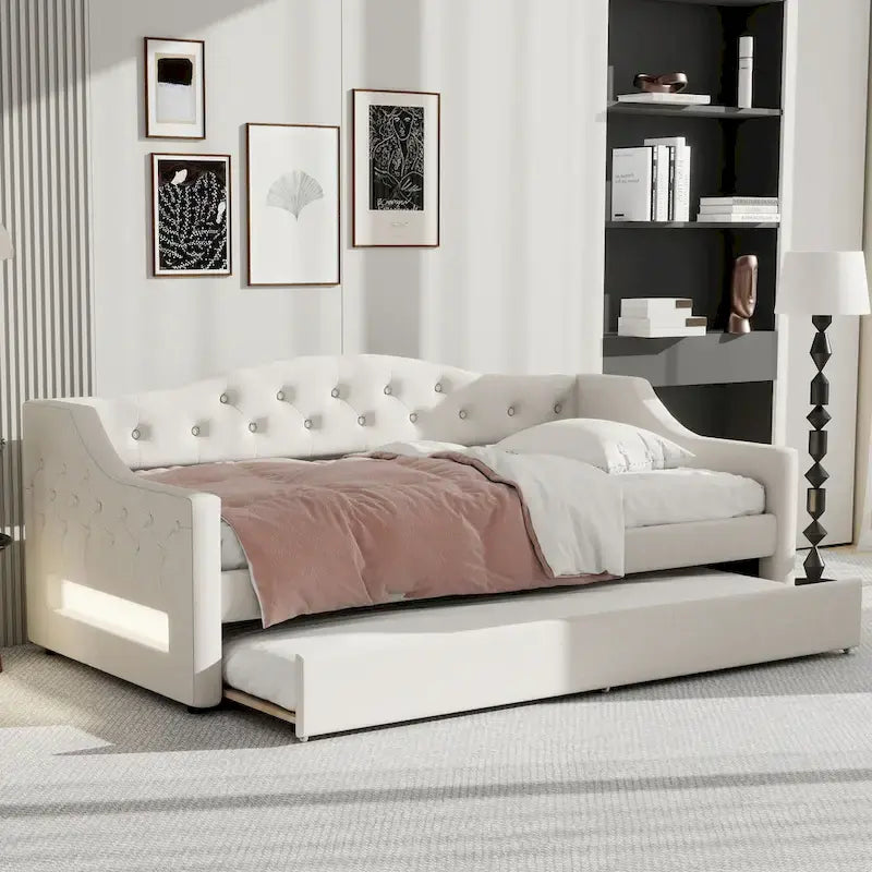 Lit de repos rembourré Twin XL avec bande LED et lit gigogne, gris