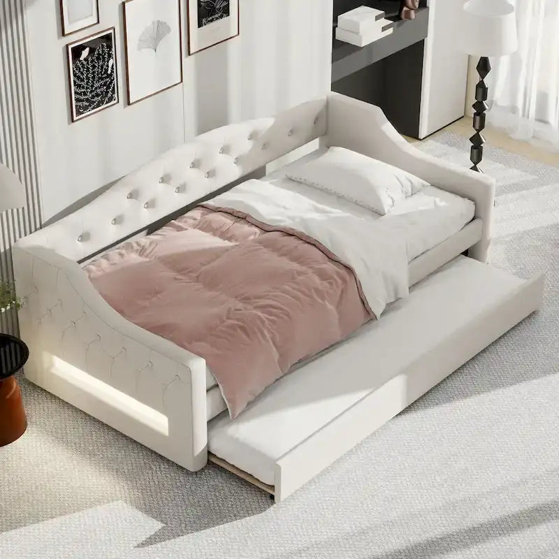 Lit de repos rembourré Twin XL avec bande LED et lit gigogne, gris