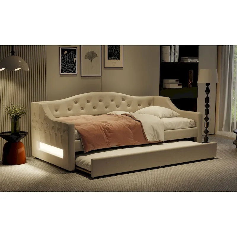 Lit de repos rembourré Twin XL avec bande LED et lit gigogne, gris