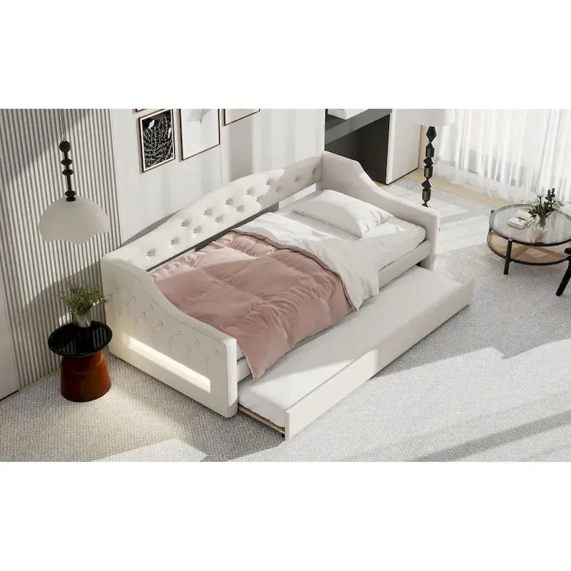 Lit de repos rembourré Twin XL avec bande LED et lit gigogne, gris