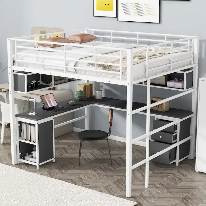 Lit mezzanine en métal pleine grandeur avec bibliothèque, armoire et bureau intégré en forme de L pour enfants, adolescents et adultes