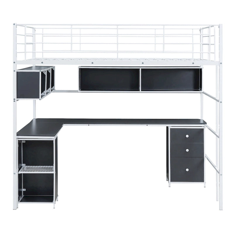 Lit mezzanine en métal pleine grandeur avec bibliothèque, armoire et bureau intégré en forme de L pour enfants, adolescents et adultes
