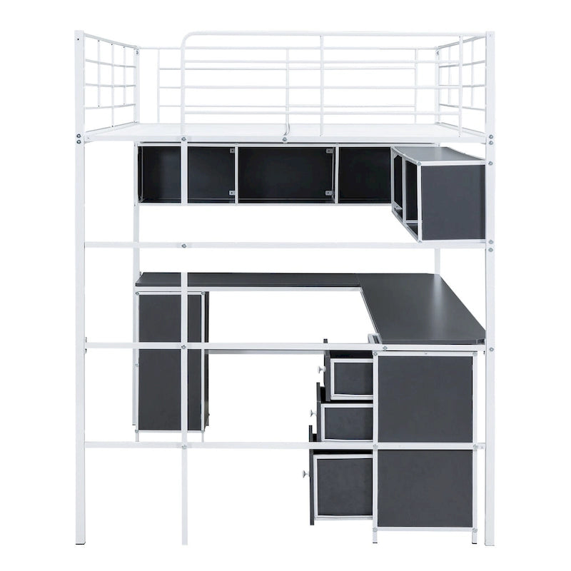 Lit mezzanine en métal pleine grandeur avec bibliothèque, armoire et bureau intégré en forme de L pour enfants, adolescents et adultes