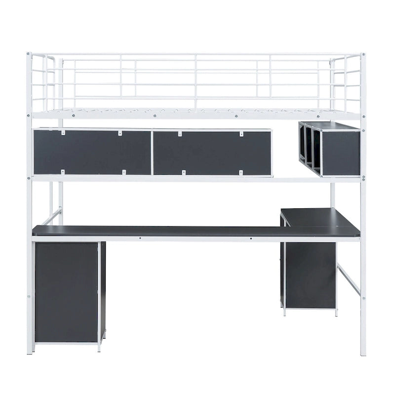Lit mezzanine en métal pleine grandeur avec bibliothèque, armoire et bureau intégré en forme de L pour enfants, adolescents et adultes