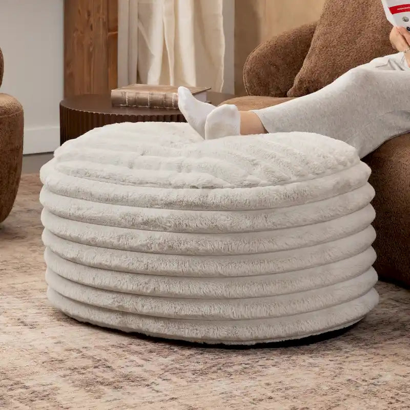 Grand pouf ottoman en fausse fourrure côtelée en peluche - 89 cm - Gris