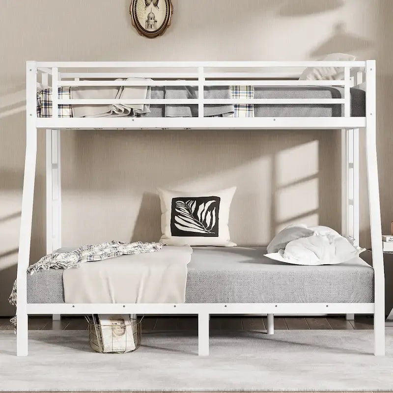 Lit superposé double sur grand lit en métal pour adolescents et adultes, gain de place, réduction du bruit, aucun sommier tapissier requis, blanc