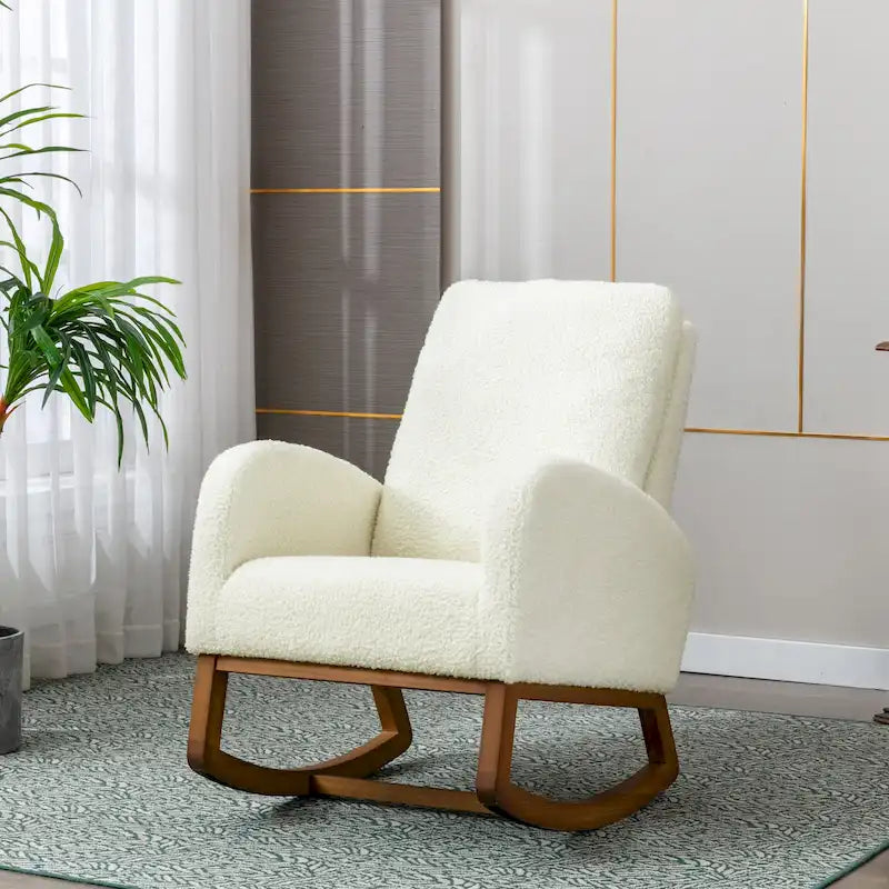 Fauteuil à bascule de puériculture Teddy mi-siècle moderne à dossier haut, en tissu, avec poche latérale