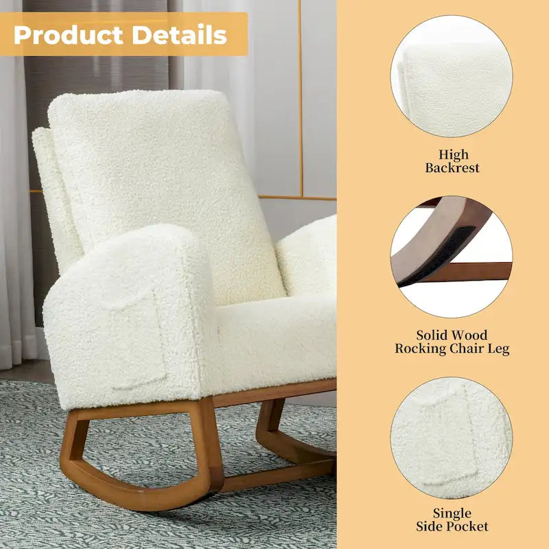 Fauteuil à bascule de puériculture Teddy mi-siècle moderne à dossier haut, en tissu, avec poche latérale