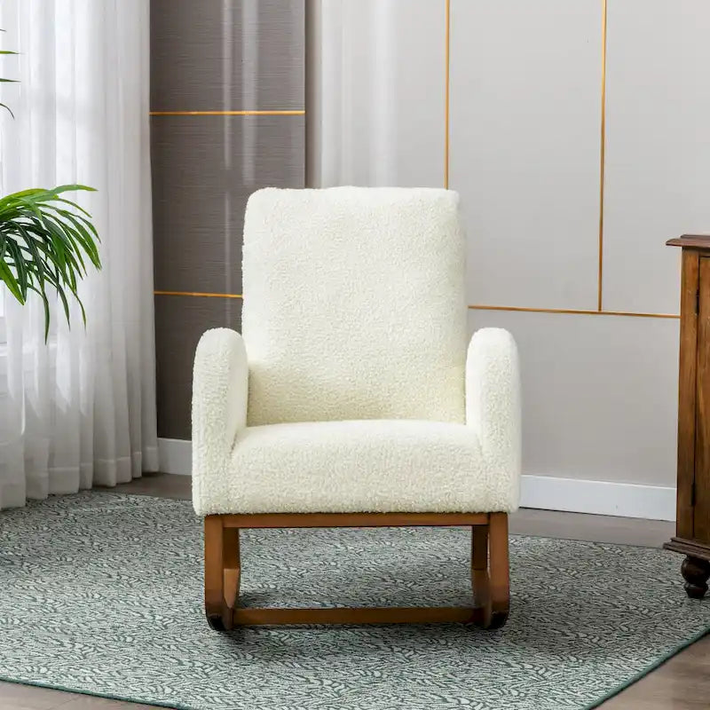 Fauteuil à bascule de puériculture Teddy mi-siècle moderne à dossier haut, en tissu, avec poche latérale