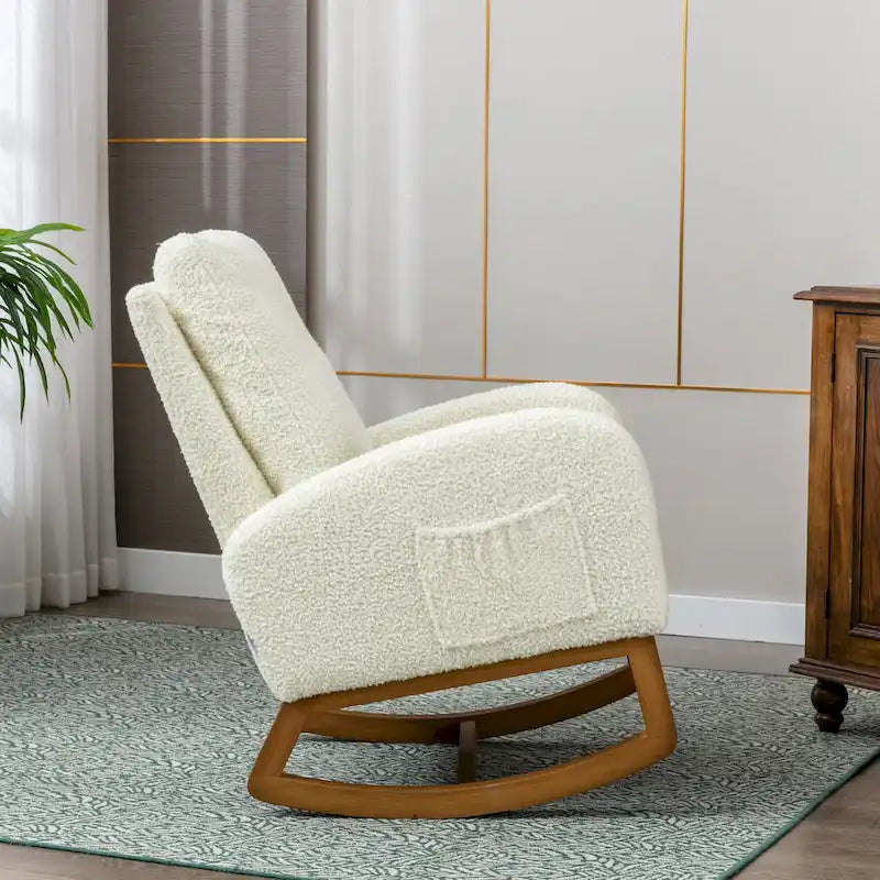 Fauteuil à bascule de puériculture Teddy mi-siècle moderne à dossier haut, en tissu, avec poche latérale