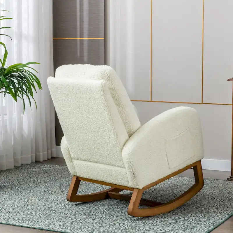 Fauteuil à bascule de puériculture Teddy mi-siècle moderne à dossier haut, en tissu, avec poche latérale