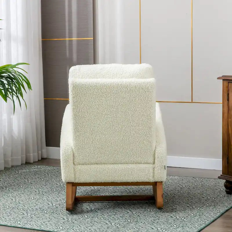 Fauteuil à bascule de puériculture Teddy mi-siècle moderne à dossier haut, en tissu, avec poche latérale