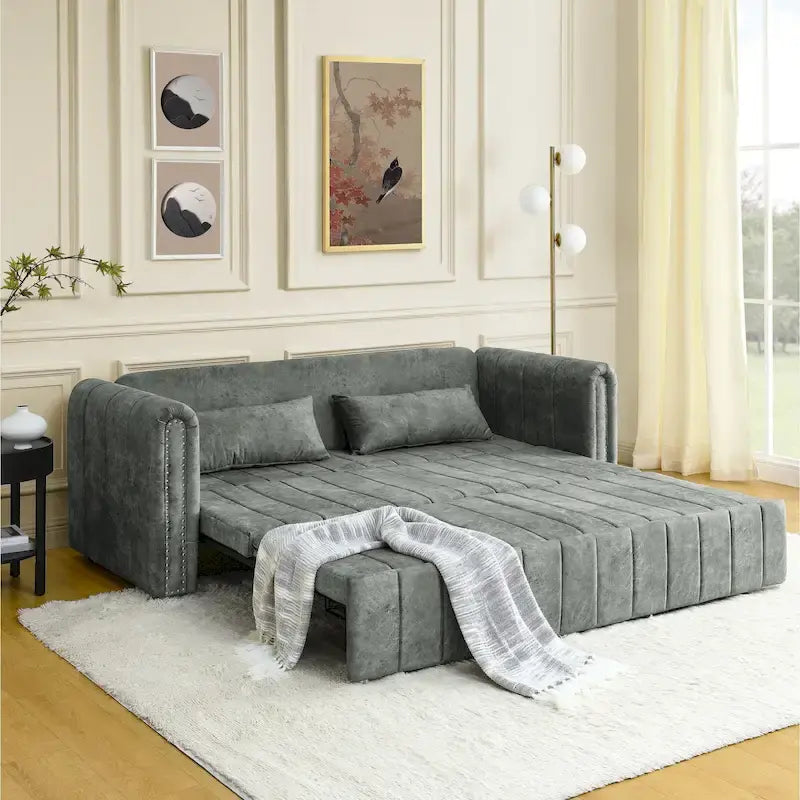 Lit gigogne 3-en-1 moderne rembourré avec accoudoirs roulés et clous en cuivre, futon convertible 3 places, noir