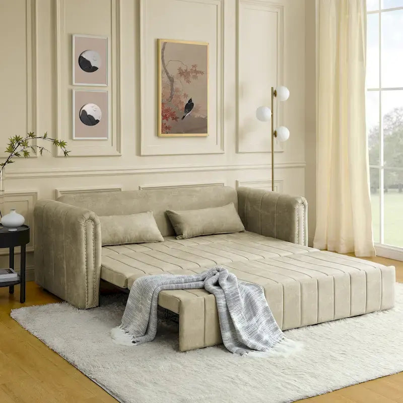 Lit gigogne 3-en-1 moderne rembourré avec accoudoirs roulés et clous en cuivre, futon convertible 3 places, noir