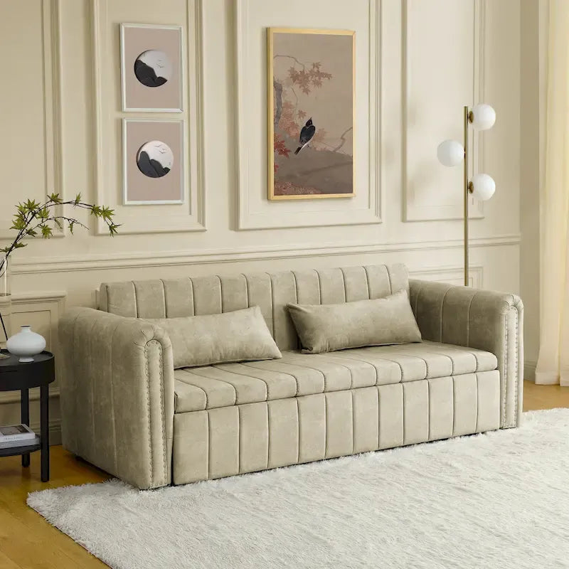 Lit gigogne 3-en-1 moderne rembourré avec accoudoirs roulés et clous en cuivre, futon convertible 3 places, noir