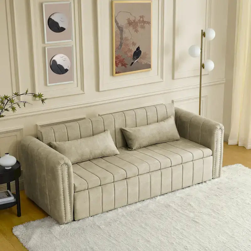 Lit gigogne 3-en-1 moderne rembourré avec accoudoirs roulés et clous en cuivre, futon convertible 3 places, noir