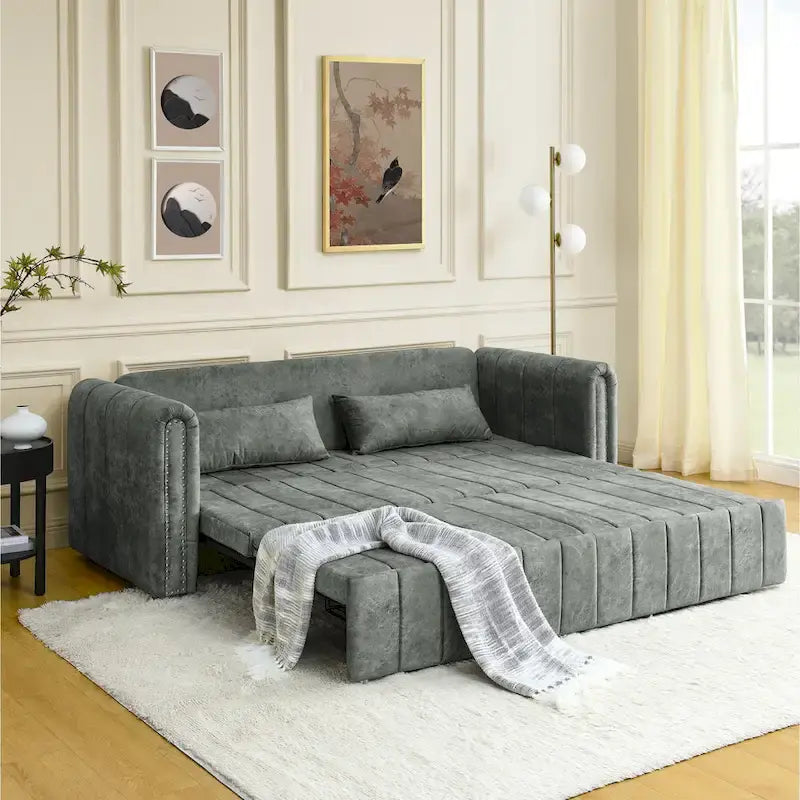 Lit gigogne 3-en-1 moderne rembourré avec accoudoirs roulés et clous en cuivre, futon convertible 3 places, noir