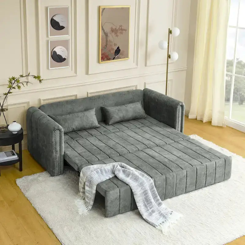 Lit gigogne 3-en-1 moderne rembourré avec accoudoirs roulés et clous en cuivre, futon convertible 3 places, noir