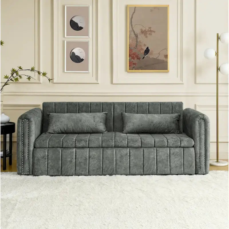 Lit gigogne 3-en-1 moderne rembourré avec accoudoirs roulés et clous en cuivre, futon convertible 3 places, noir
