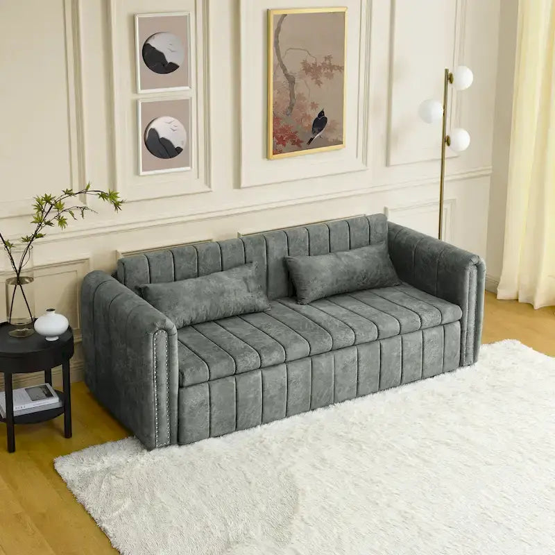 Lit gigogne 3-en-1 moderne rembourré avec accoudoirs roulés et clous en cuivre, futon convertible 3 places, noir
