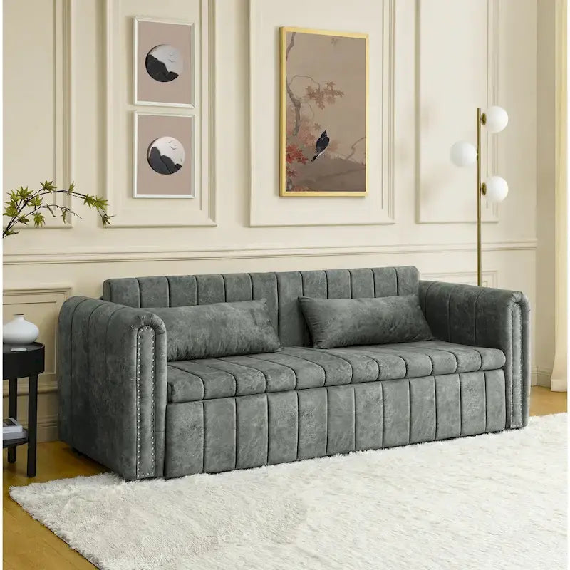 Lit gigogne 3-en-1 moderne rembourré avec accoudoirs roulés et clous en cuivre, futon convertible 3 places, noir