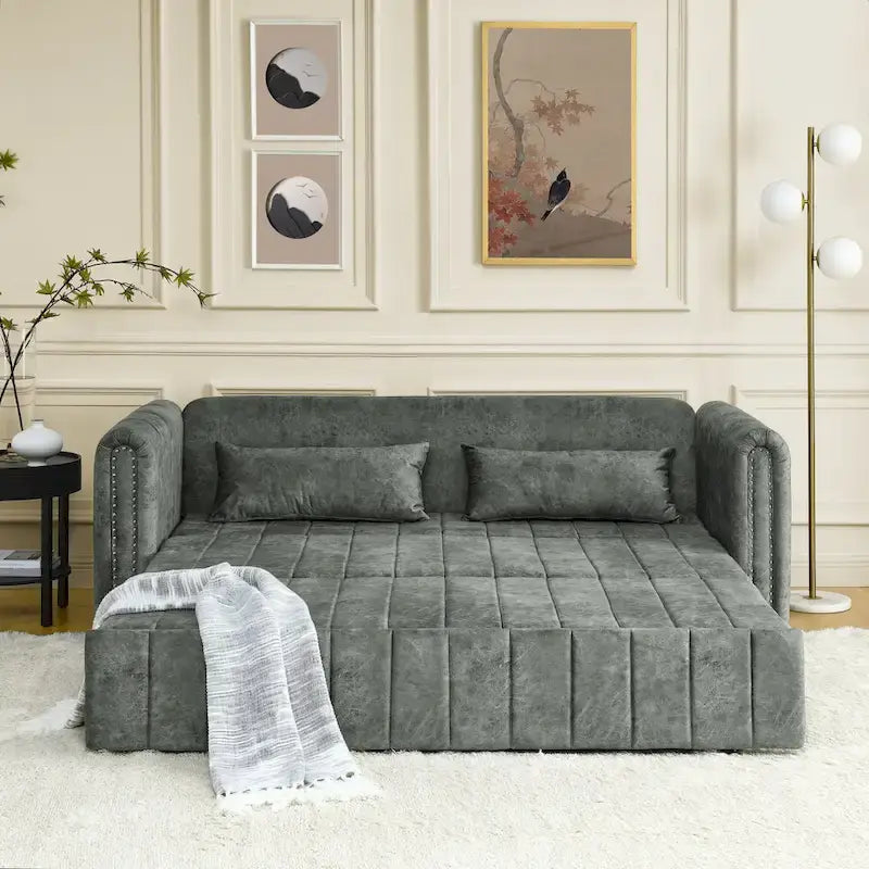 Lit gigogne 3-en-1 moderne rembourré avec accoudoirs roulés et clous en cuivre, futon convertible 3 places, noir