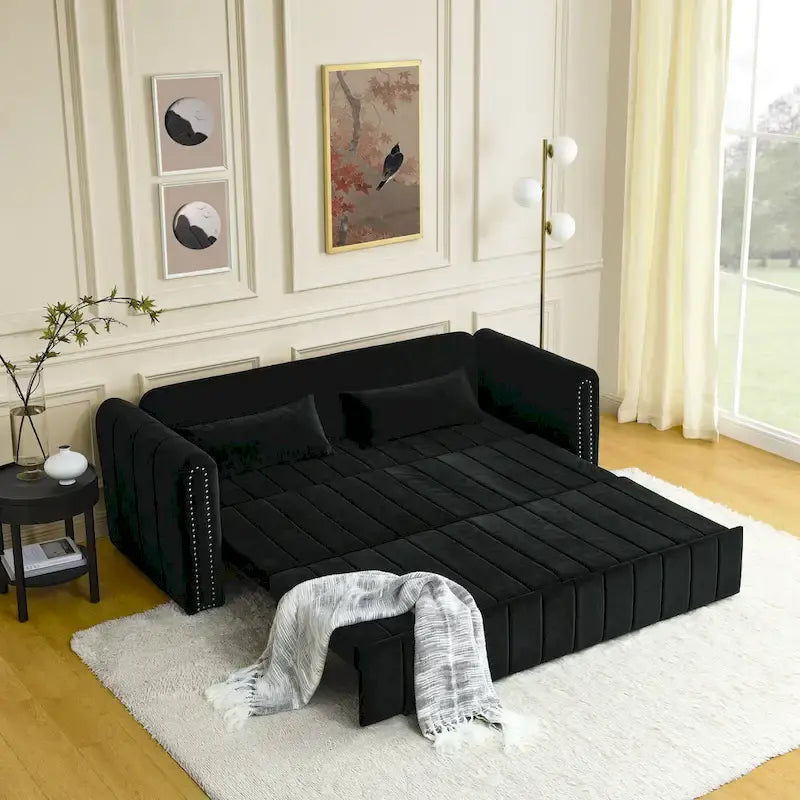 Lit gigogne 3-en-1 moderne rembourré avec accoudoirs roulés et clous en cuivre, futon convertible 3 places, noir
