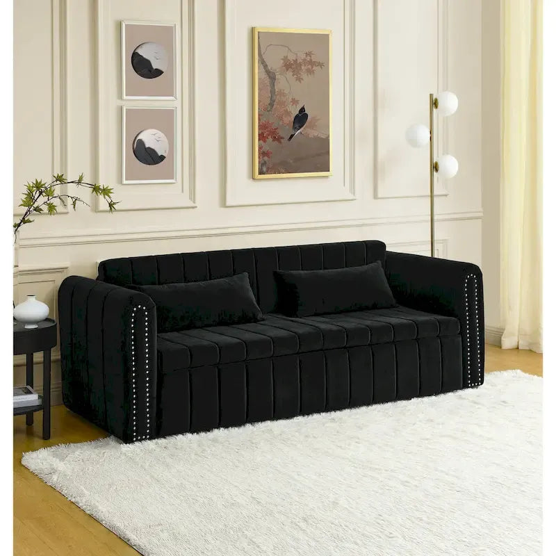 Lit gigogne 3-en-1 moderne rembourré avec accoudoirs roulés et clous en cuivre, futon convertible 3 places, noir