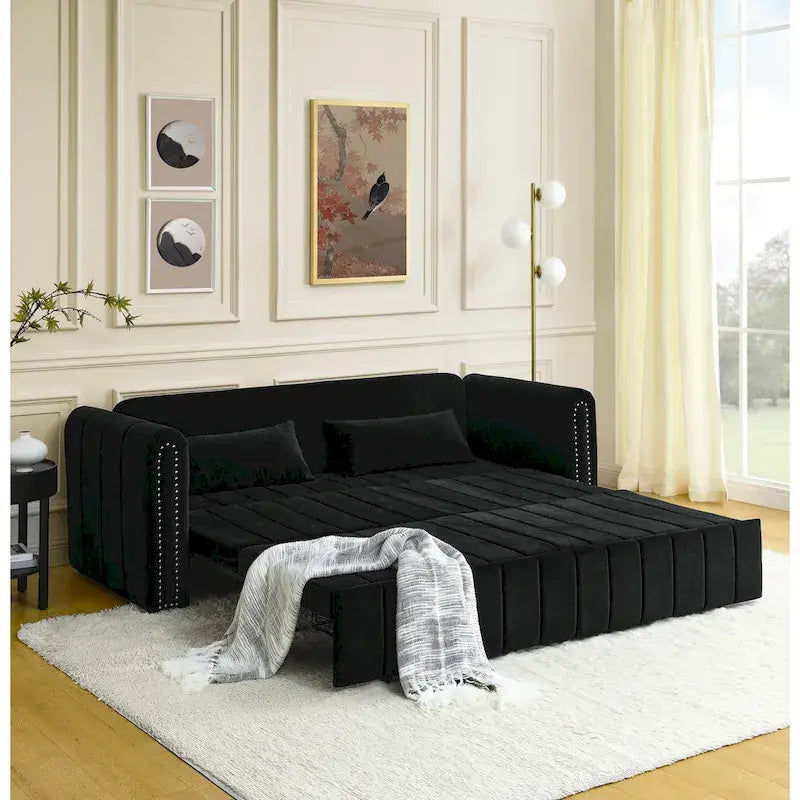 Lit gigogne 3-en-1 moderne rembourré avec accoudoirs roulés et clous en cuivre, futon convertible 3 places, noir
