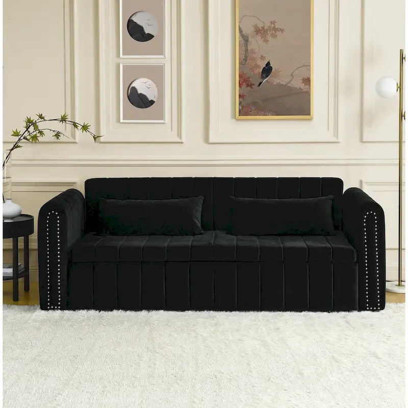 Lit gigogne 3-en-1 moderne rembourré avec accoudoirs roulés et clous en cuivre, futon convertible 3 places, noir