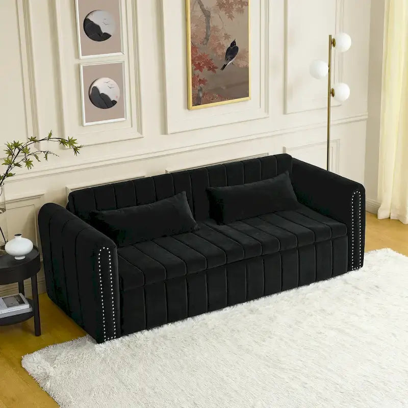 Lit gigogne 3-en-1 moderne rembourré avec accoudoirs roulés et clous en cuivre, futon convertible 3 places, noir