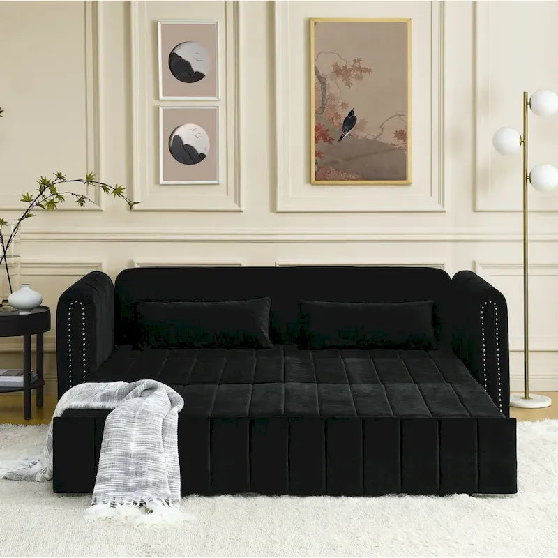 Lit gigogne 3-en-1 moderne rembourré avec accoudoirs roulés et clous en cuivre, futon convertible 3 places, noir