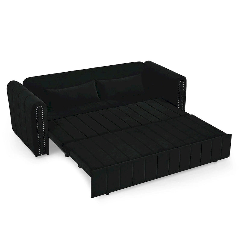 Lit gigogne 3-en-1 moderne rembourré avec accoudoirs roulés et clous en cuivre, futon convertible 3 places, noir