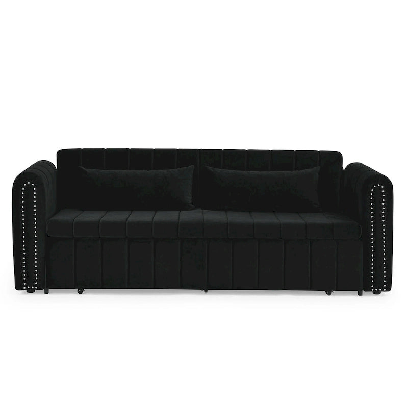 Lit gigogne 3-en-1 moderne rembourré avec accoudoirs roulés et clous en cuivre, futon convertible 3 places, noir