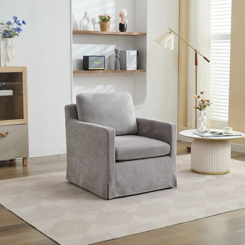Fauteuil d'appoint moderne en chenille de 76 cm avec pivotement à 360 degrés, structure en bois massif et coussin de dossier amovible