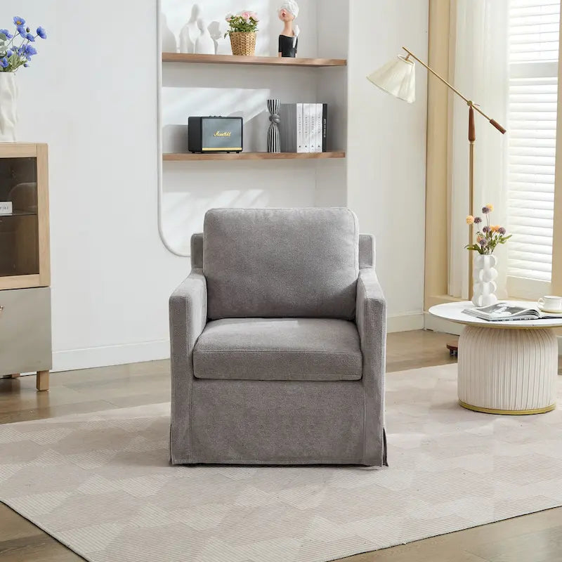 Fauteuil d'appoint moderne en chenille de 76 cm avec pivotement à 360 degrés, structure en bois massif et coussin de dossier amovible
