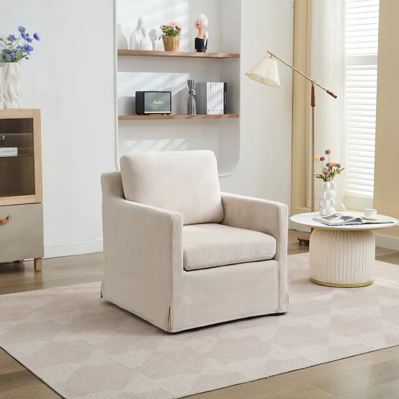 Fauteuil d'appoint moderne en chenille de 76 cm avec pivotement à 360 degrés, structure en bois massif et coussin de dossier amovible
