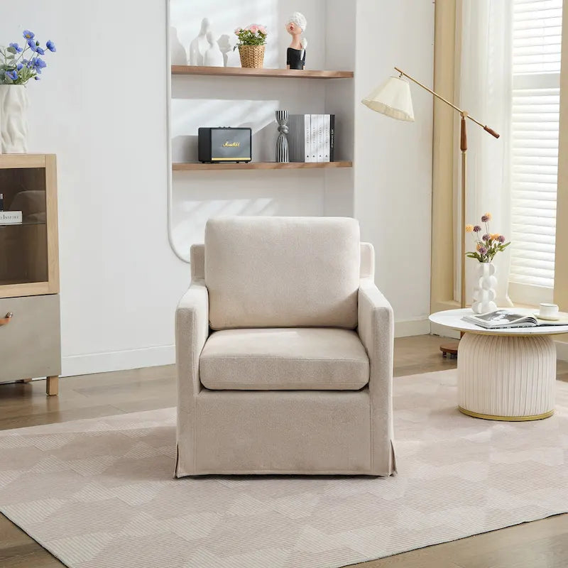 Fauteuil d'appoint moderne en chenille de 76 cm avec pivotement à 360 degrés, structure en bois massif et coussin de dossier amovible