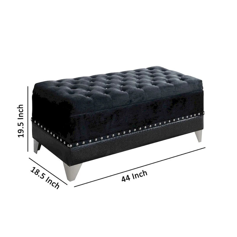 Banc de rangement en similicuir avec garnitures cloutées et siège capitonné, noir