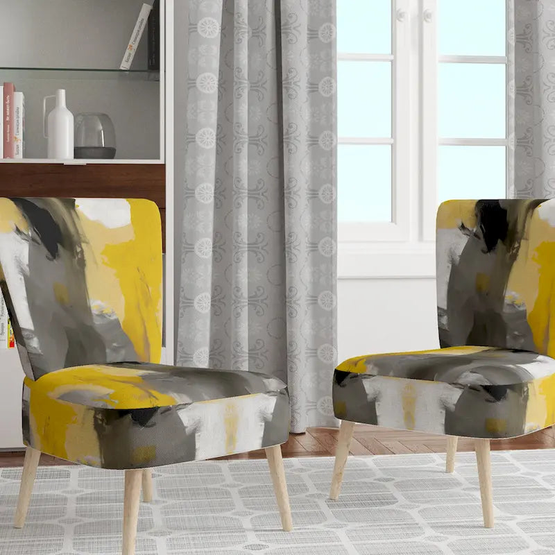 Fauteuil d'appoint abstrait en tissu gris vif et jaune moutarde, fauteuil moderne contemporain
