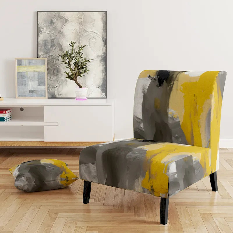 Fauteuil d'appoint abstrait en tissu gris vif et jaune moutarde, fauteuil moderne contemporain