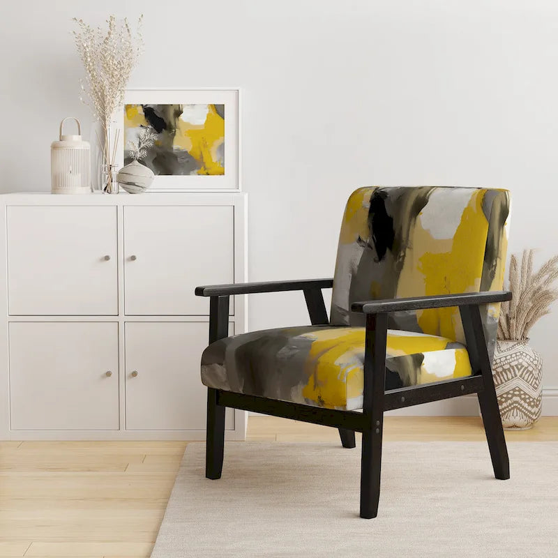 Fauteuil d'appoint abstrait en tissu gris vif et jaune moutarde, fauteuil moderne contemporain