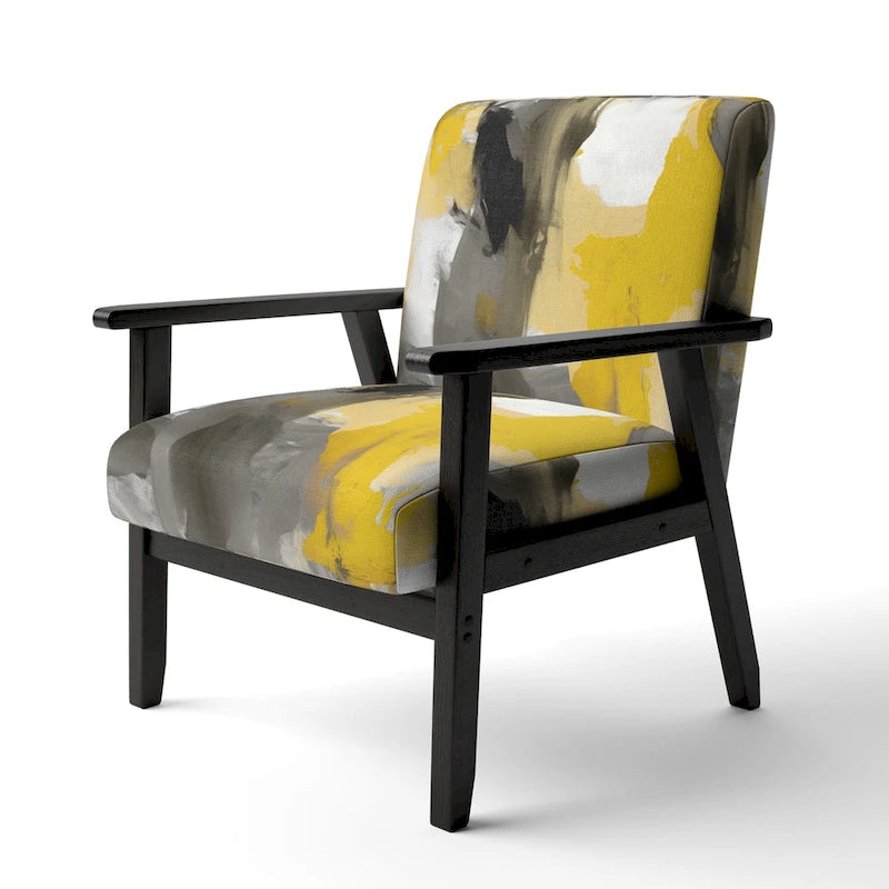 Fauteuil d'appoint abstrait en tissu gris vif et jaune moutarde, fauteuil moderne contemporain
