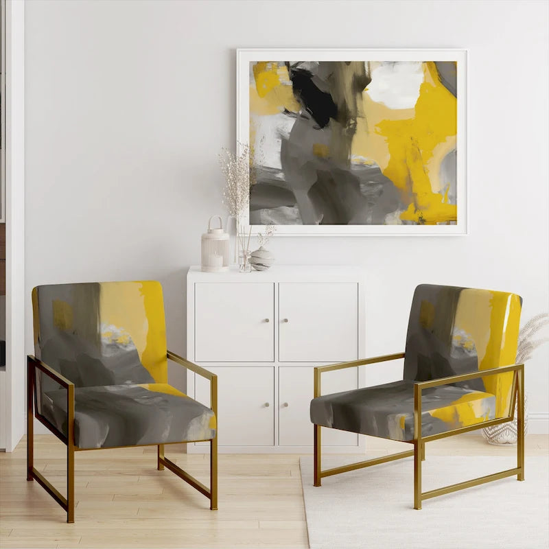 Fauteuil d'appoint abstrait en tissu gris vif et jaune moutarde, fauteuil moderne contemporain